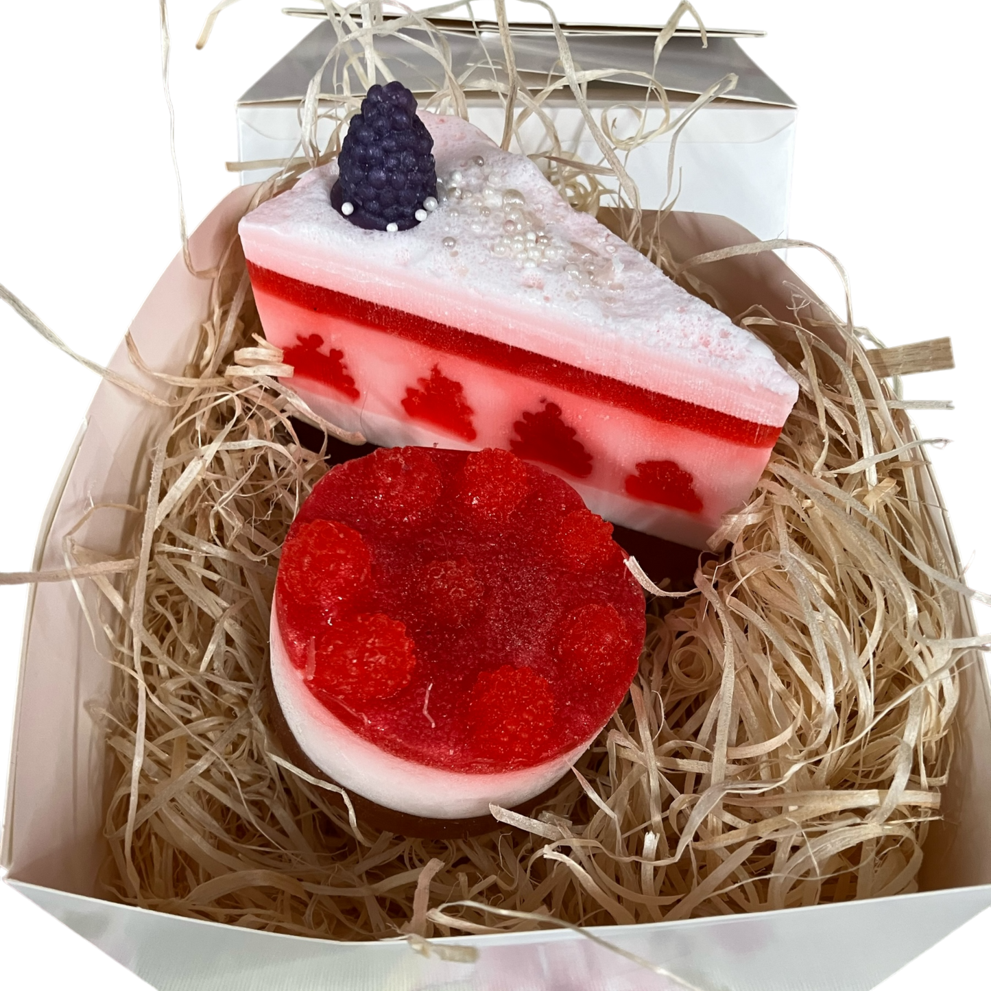 Bakery Cake Soap Gift Set in Fruit Berry Fragrance: Raspberry Cheesecake and Berry Cake Slice in a Bakery Box