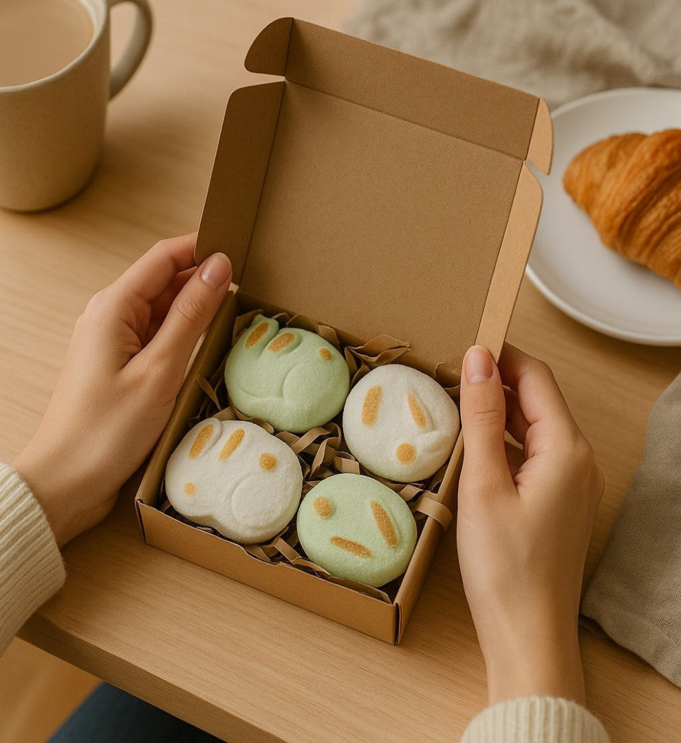 Person holding a box of small, round bunny shaped bath bombs in coconut and orange basil and lime
