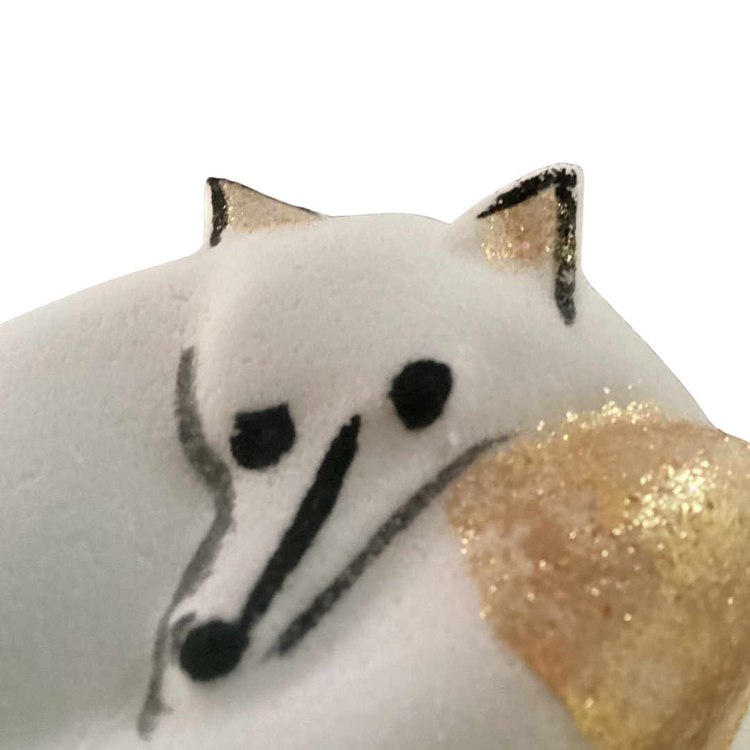 Hello Foxy! Winter Fox Bath Bomb in White and Gold in Coconut Cream with Apricot Kernel Oil, Handpainted