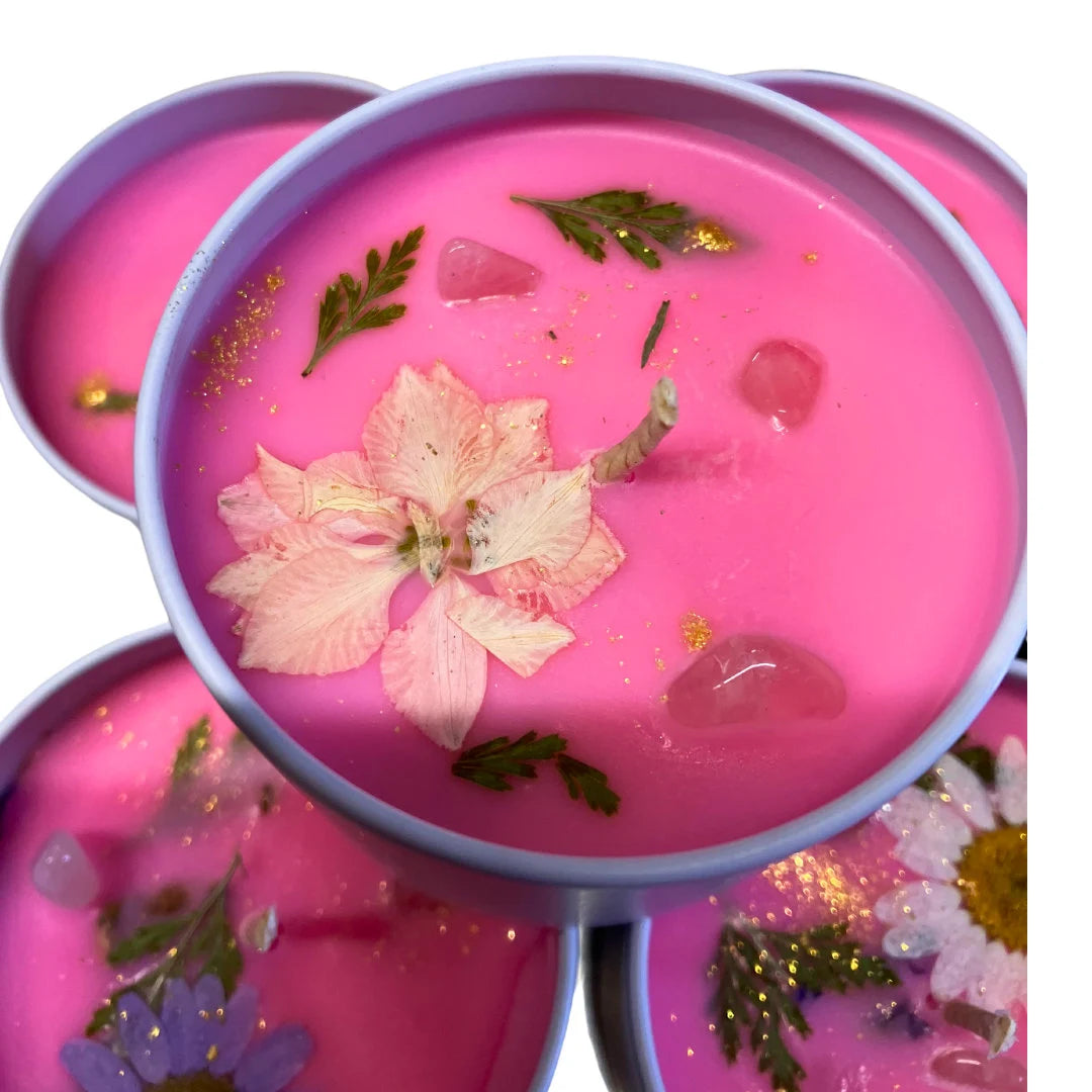 Heal and Soothe Juniper, Lime and Ylang Oils Eco Soy Candle with Rose Quartz Crystals and Botanicals 100ml Tin