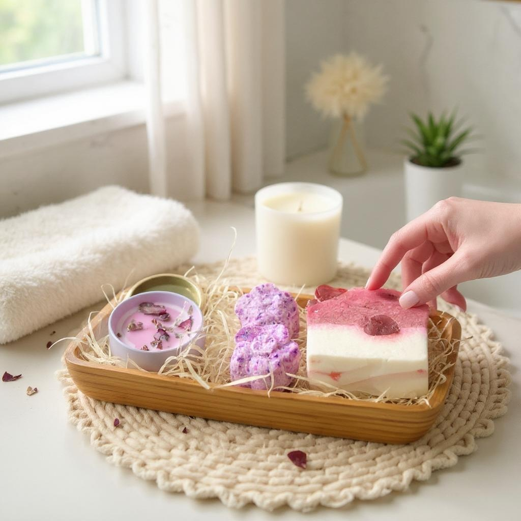 Its Coming up Roses, Rose Gift Set Inc English Rose Soap Slice, Rose and Pink Pepper Soy Wax Crystal Candle and Flower Shaped Bath Bombs