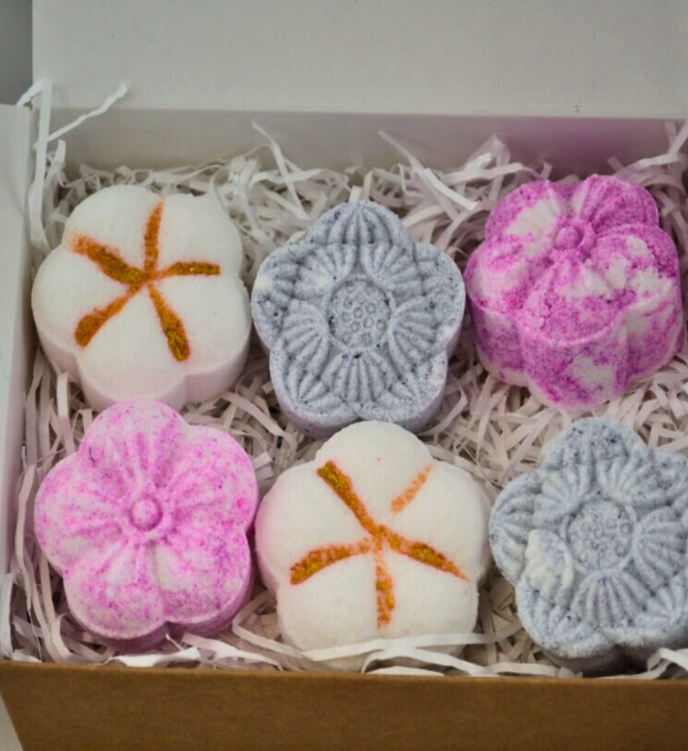 Handmade Shower Bomb Gift Set, 6 Shower Bombs, Sea Mineral and Mimosa, Aqua Blossom and Coral and Twilight Woods, Shower Pamper Gift