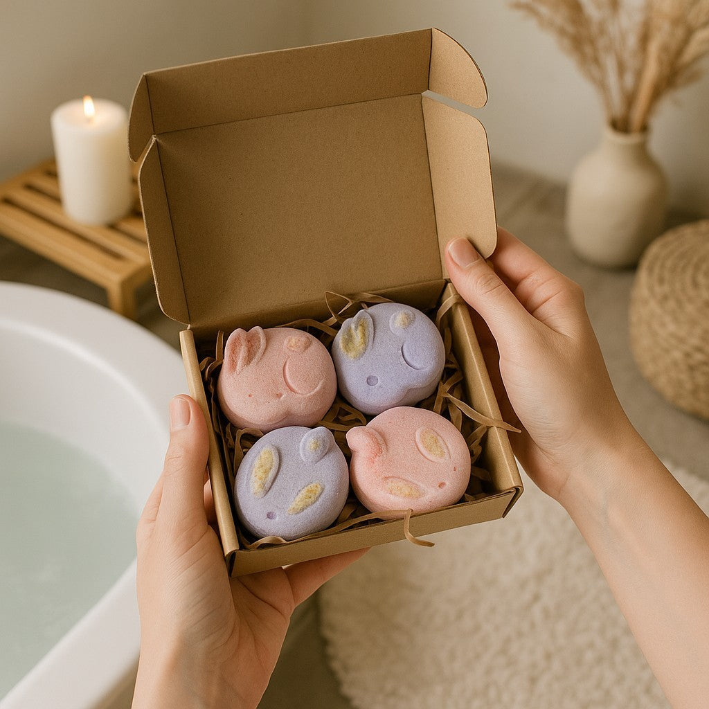 Bunny Bath Bomb Box in Strawberry Mallow and Parma Violet Fragrances