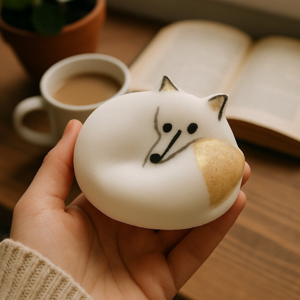 Hello Foxy! Winter Fox Bath Bomb in White and Gold in Coconut Cream with Apricot Kernel Oil, Handpainted