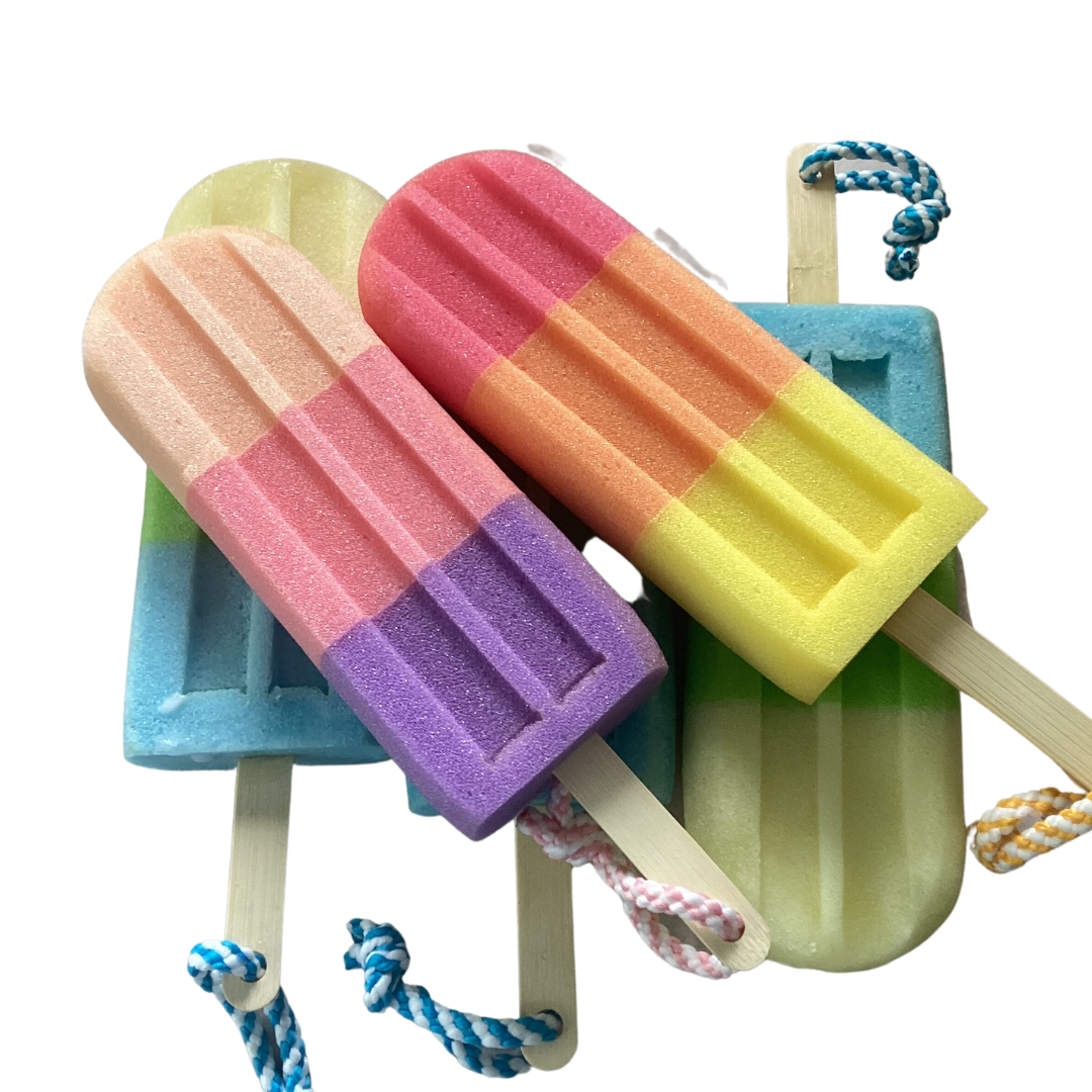 Soap Sponge on a Rope in a Jumbo Lolly Shaped Sponge Fragranced with Orange and Lemongrass, Lolly Soap on a Rope, Red Orange and Yellow