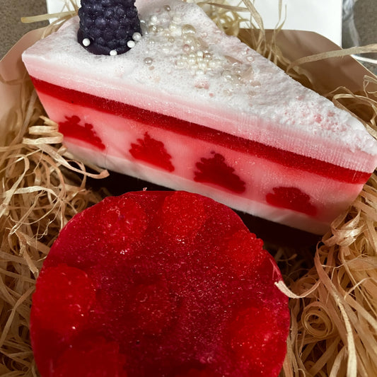 Bakery Cake Soap Gift Set in Fruit Berry Fragrance: Raspberry Cheesecake and Berry Cake Slice in a Bakery Box