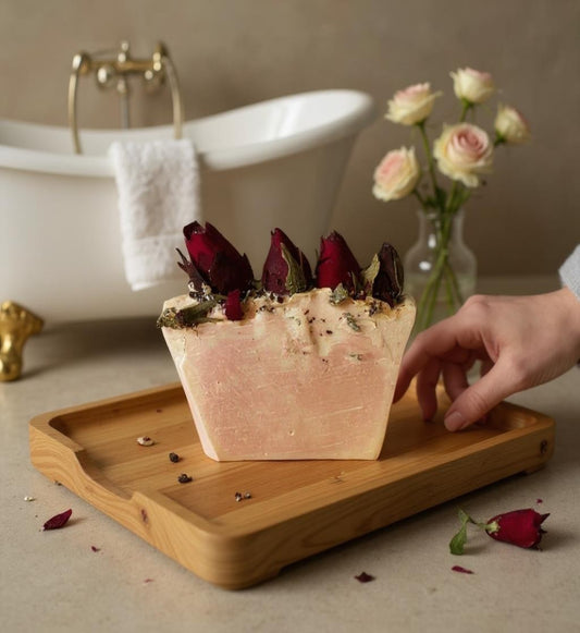 Handmade beetroot soap with rose petals on a wooden tray in a bathroom setting, juniper, sweet orange and black pepper oil