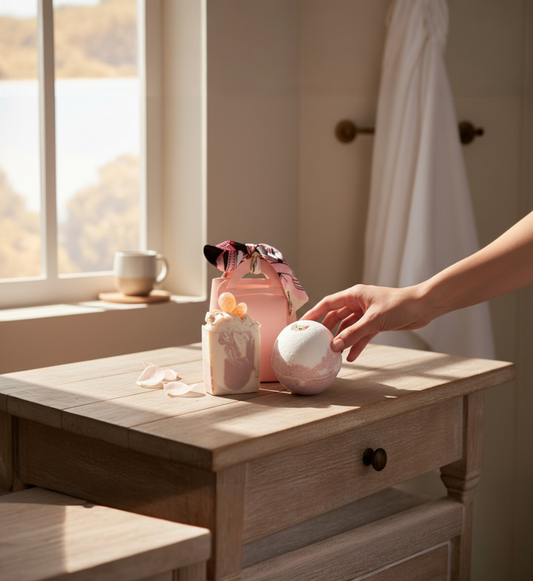 Gingerbread Bath Bomb and Soap in a Pink Fabric Handbag Gift Bag, Chic Ladies Gift