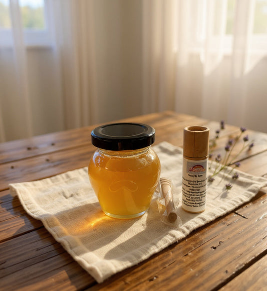 Jar of honey and a lip balm on a wooden table with a soft, natural light background