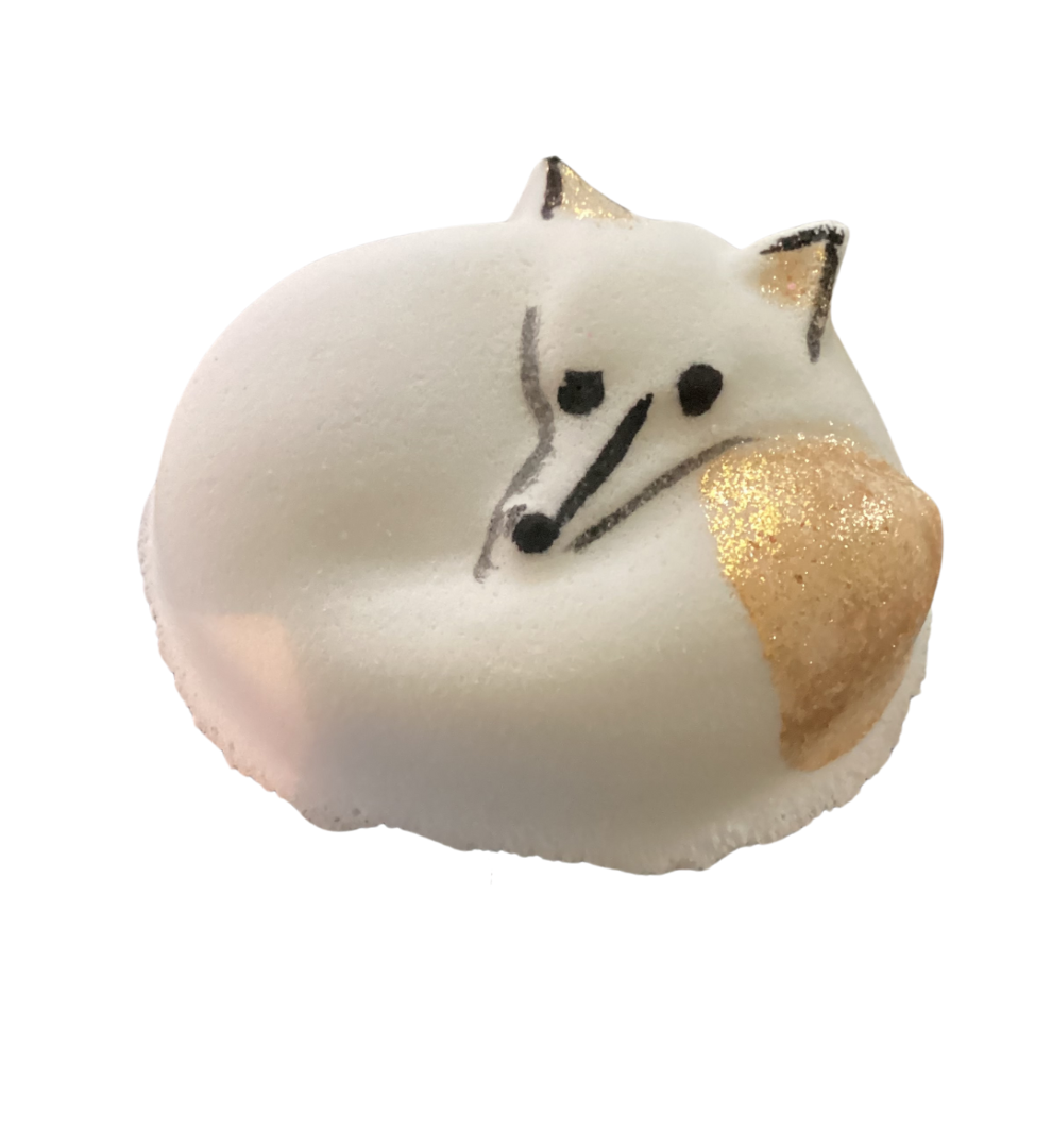 Hello Foxy!  Winter Fox Bath Bomb in White and Gold in Coconut Cream with Apricot Kernel Oil, Handpainted