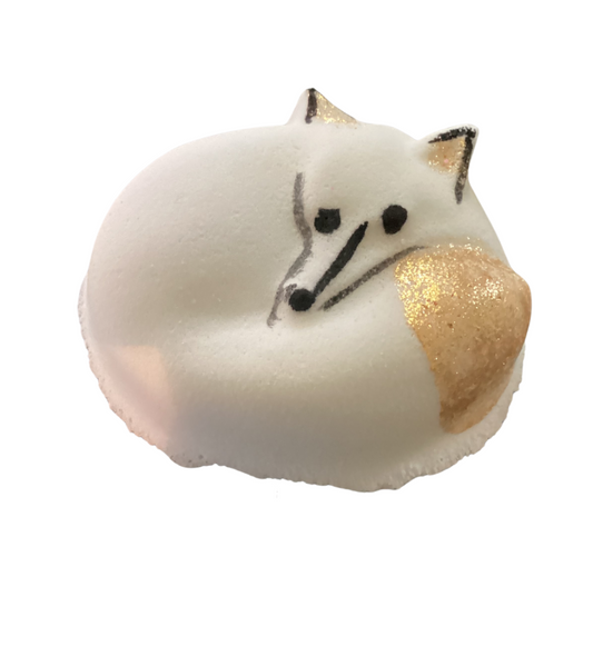 Hello Foxy!  Winter Fox Bath Bomb in White and Gold in Sparkling Snow with Apricot Kernel Oil, Handpainted