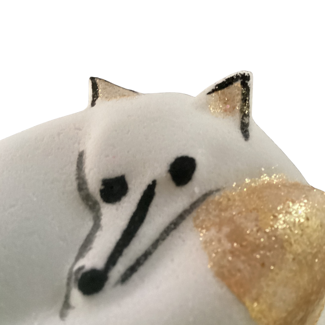 Hello Foxy!  Winter Fox Bath Bomb in White and Gold in Coconut Cream with Apricot Kernel Oil, Handpainted