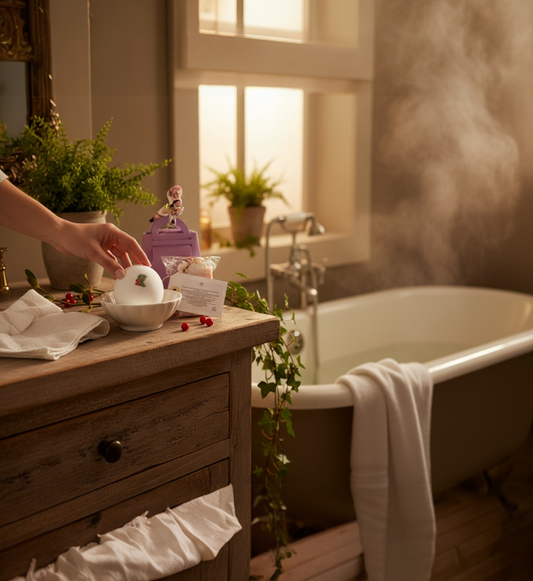 Mistleberry Bath Bomb and Soap in a Lilac Fabric Handbag Gift Bag, Chic Ladies Gift