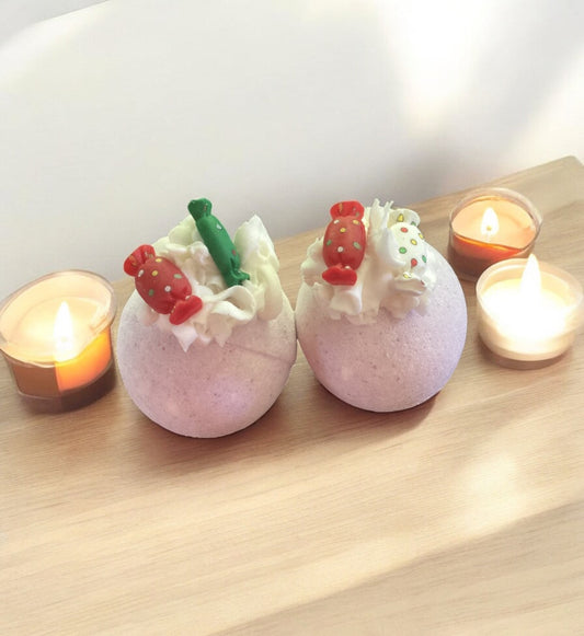Parma Violet Sweetie Bath Bombs x 2, Hand Piped Shea Butter, Decorated with Sweeties