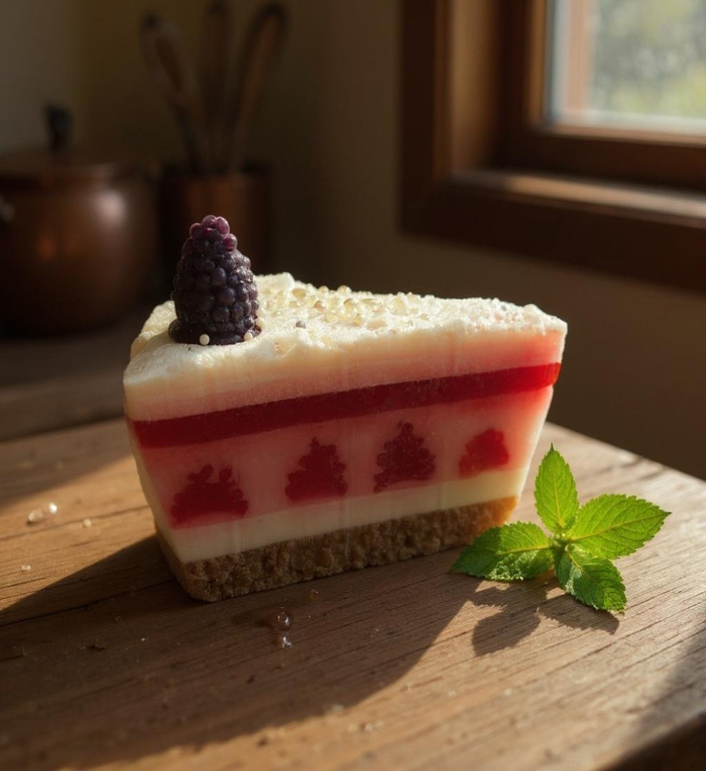 Rectangular dessert soap with layers on a wooden surface, sunlit by a window.