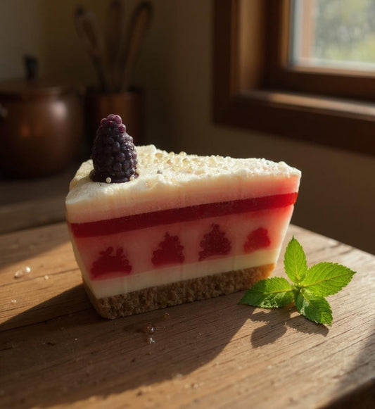 Rectangular dessert soap with layers on a wooden surface, sunlit by a window.