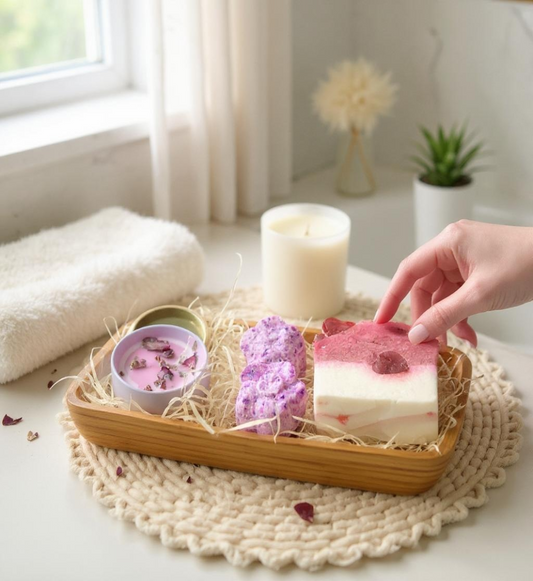 Hand reaching for a bath bomb on a tray with crystal candle and soap in a bathroom setting