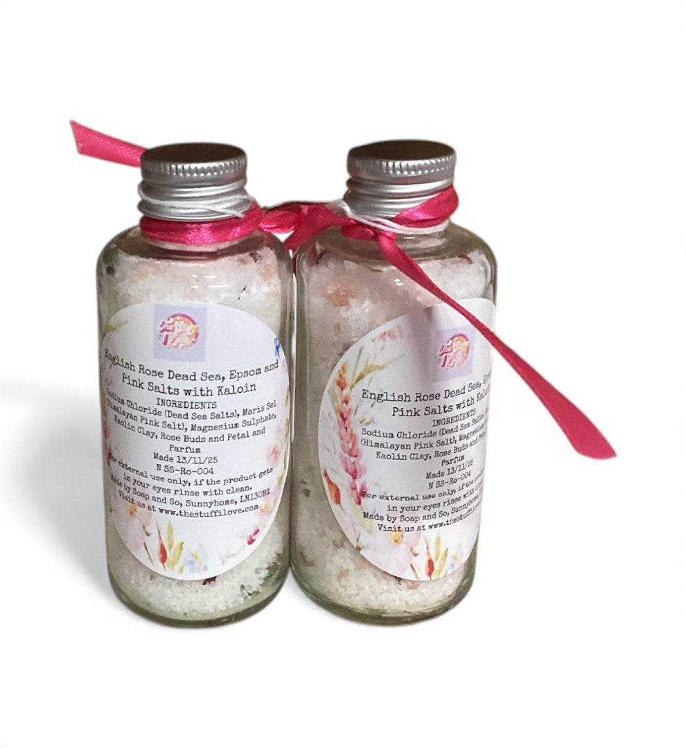 Sleep Well English Rose Salts, Dead Sea, Epsom, Pink Salts with Petals and Rose Scent