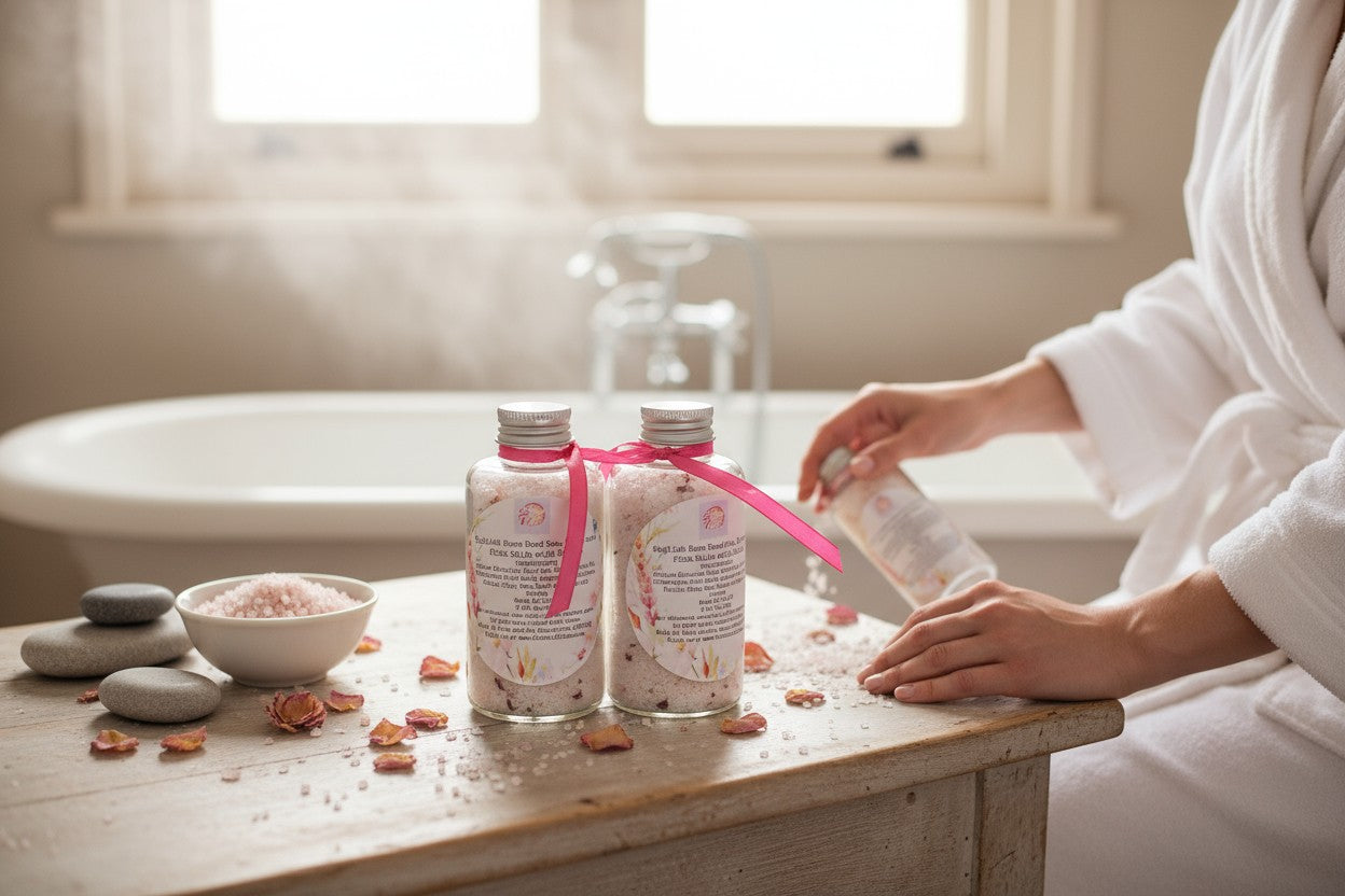 Sleep Well English Rose Salts, Dead Sea, Epsom, Pink Salts with Petals and Rose Scent