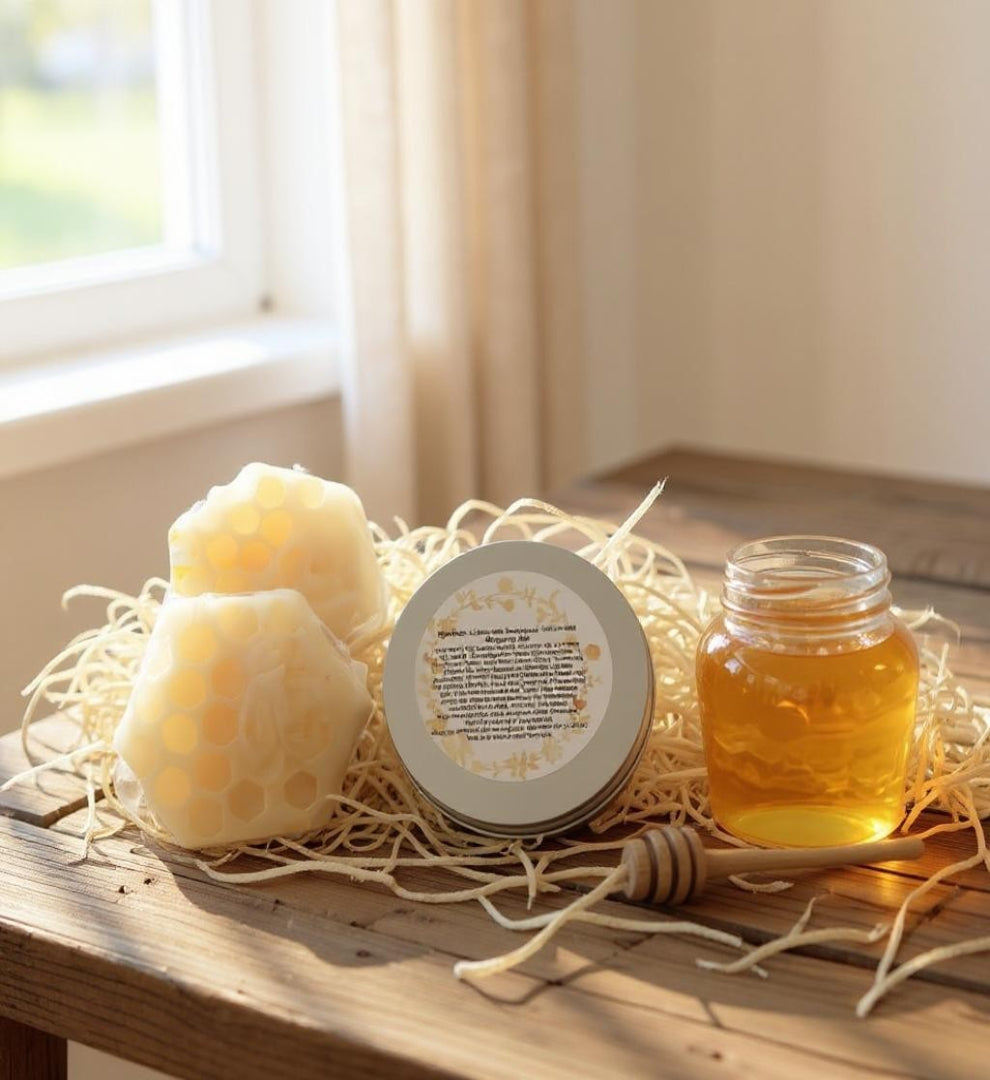 Honeycomb-shaped soaps with shea and honey, a jar of honey, and a honey dipper on a wooden surface with a window in the background.