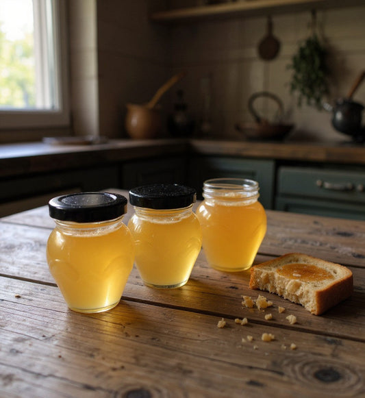 Three jars of honey on a wooden table with a slice of bread in a kitchen setting.
