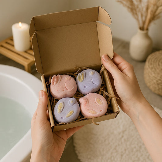 Bunny Bath Bomb Box in Strawberry Mallow and Parma Violet Fragrances