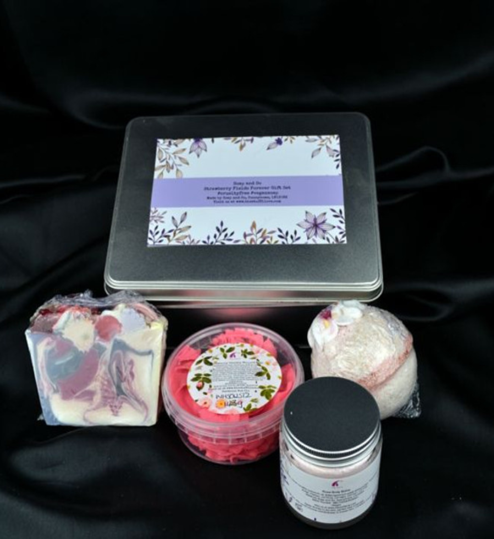 Strawberry Fields Forever Handmade Self Care Gift Set, Bath Bombs, Artisan Soap, Luxury Body Butter